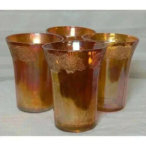 Set Of 4 Iridescent Carnival Drinking Glasses Fruit Motif 4" x3-1/4" Amber Color